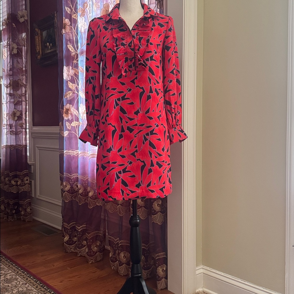 NWOT New Ann Taylor Vibrant Red and Black Long Sleeve Dress - Picture 2 of 8